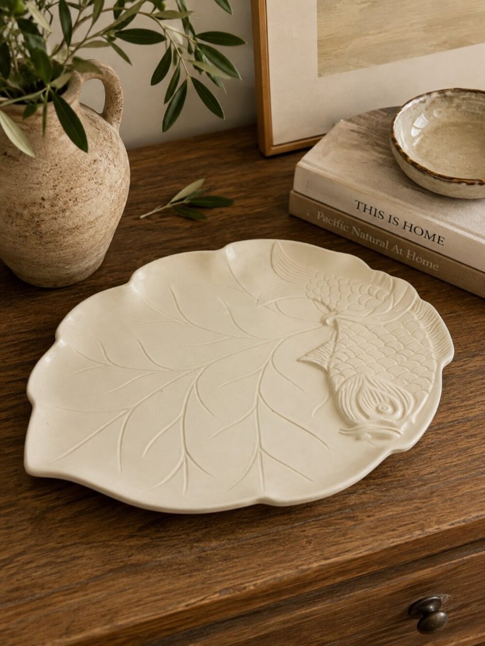 Ceriart Portugal White Ceramic Leaf Koi Fish Serving Platter 18”